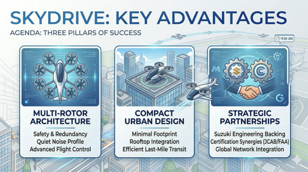 The SkyDrive eVTOL aircraft conducting its historic practical operation demo flight over the Tokyo Bay