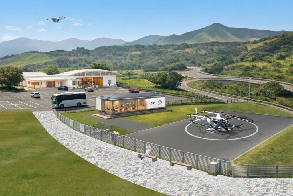 A 3D visualization of the SkyDrive Model SD-05 eVTOL aircraft operating from a NEXCO West expressway service area.