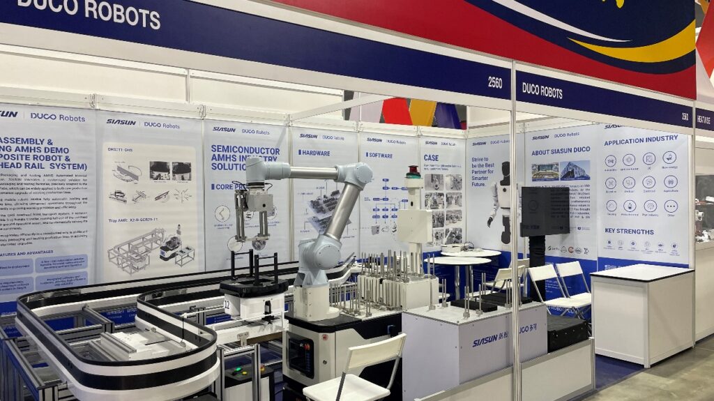 DUCO collaborative welding robot and palletizing workstation demonstration at INTERMACH 2026 Bangkok.