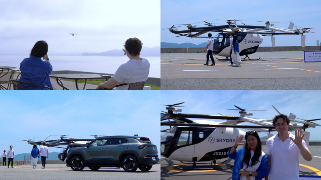SkyDrive eVTOL SD-05 aircraft flying over the Seto Inland Sea during a scenic tour demonstration flight