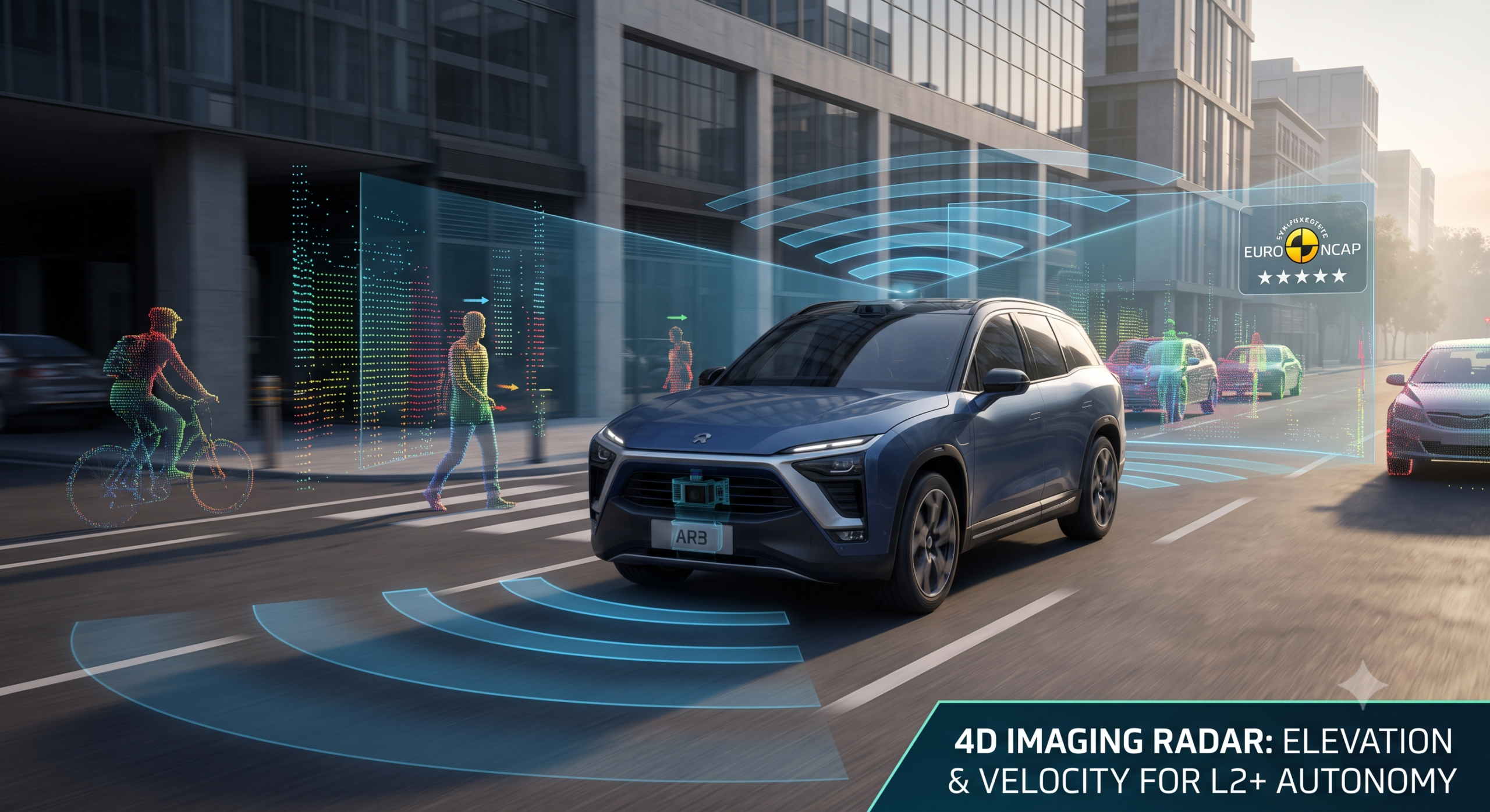 4D Imaging Radar: L2+ Autonomy & Euro NCAP Navigation Close up of a 4D imaging radar sensor module for autonomous vehicles