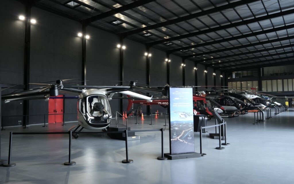 Full-size SkyDrive SD-05 eVTOL mockup on display at Cengkareng Heliport in Jakarta, Indonesia.