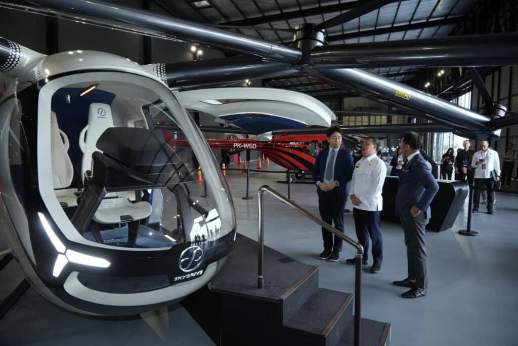 Full-size SkyDrive SD-05 eVTOL mockup on display at Cengkareng Heliport in Jakarta, Indonesia.